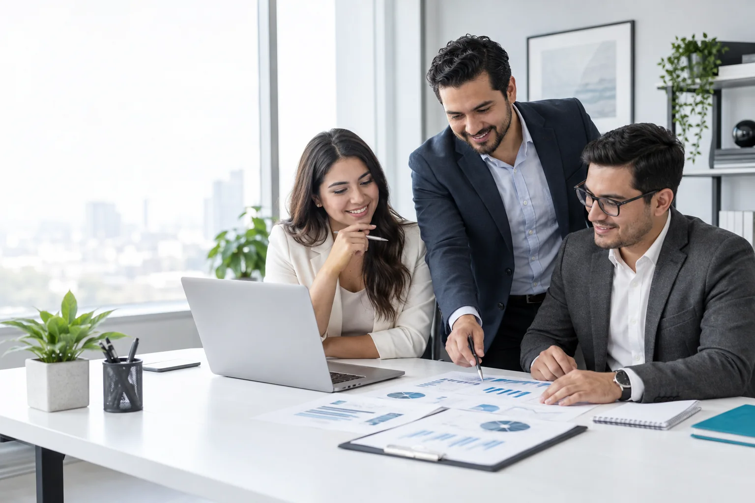 Escena ilustrativa de asesoría empresarial: profesionales revisando información financiera